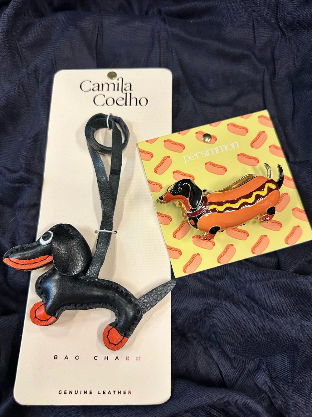 NWT Camila Coelho Leather Dachshund Charm & Persimmon Hot Dog Hair Doxie Clip